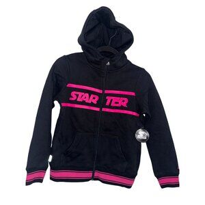 Starter Girls Black & Pink Hooded Zip-Up Jacket Size 10/12 Cotton Polyester Blen